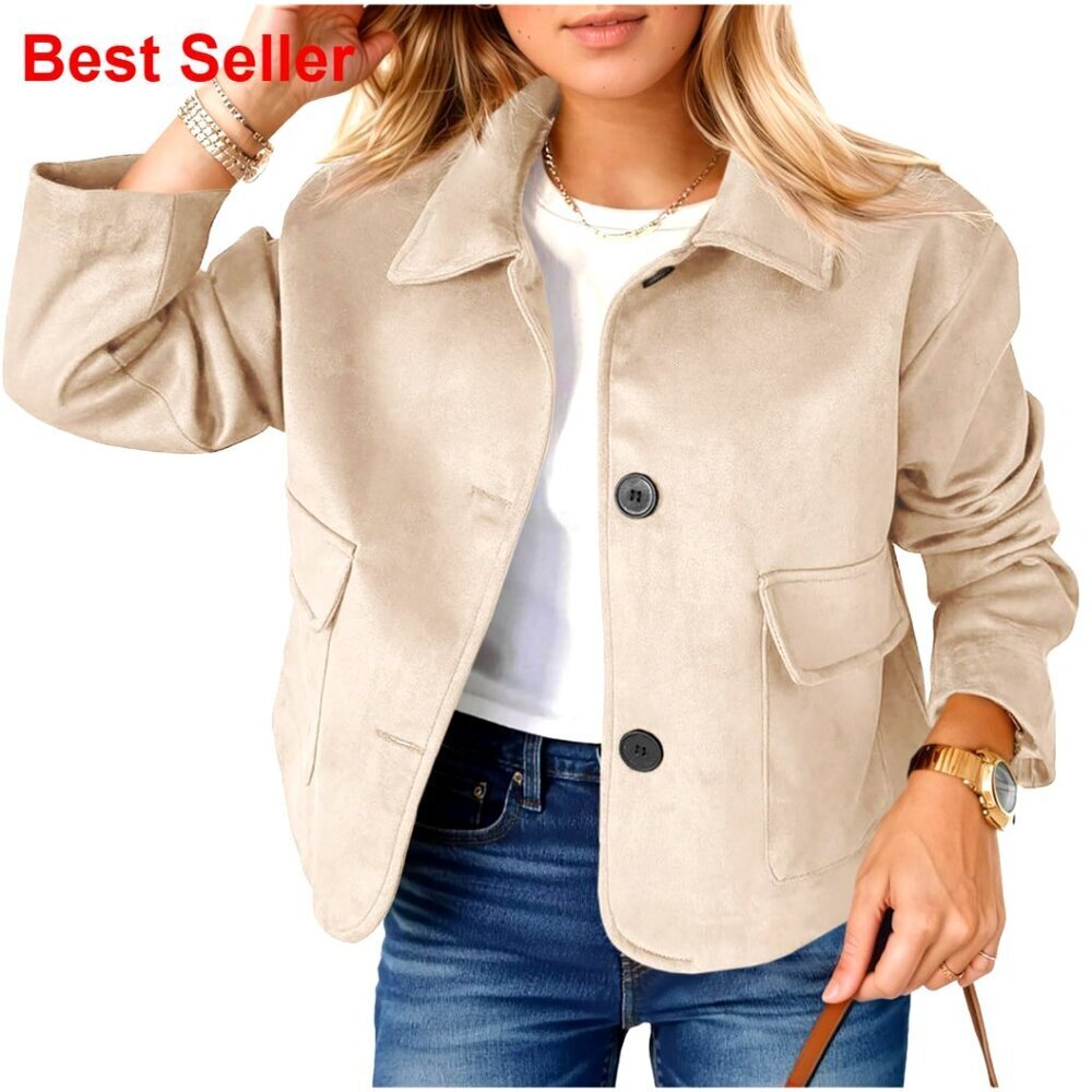 Faux Suede Leather Jacket Cropped Casual Button Down Shacket